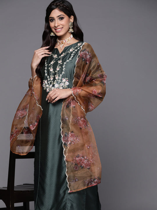 Indo Era Green Embroidered Straight Kurta Trousers With Dupatta Set