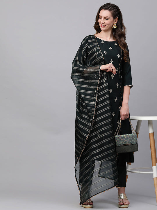 Indo Era Green Embroidred A - Line Kurta Trouser With Dupatta Set