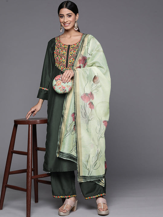 Indo Era Green Embroidered Straight Kurta Palazzos With Dupatta Set