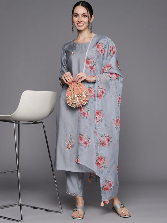 Indo Era Grey Embroidered Straight Ethnic Kurta Trousers With Dupatta Set