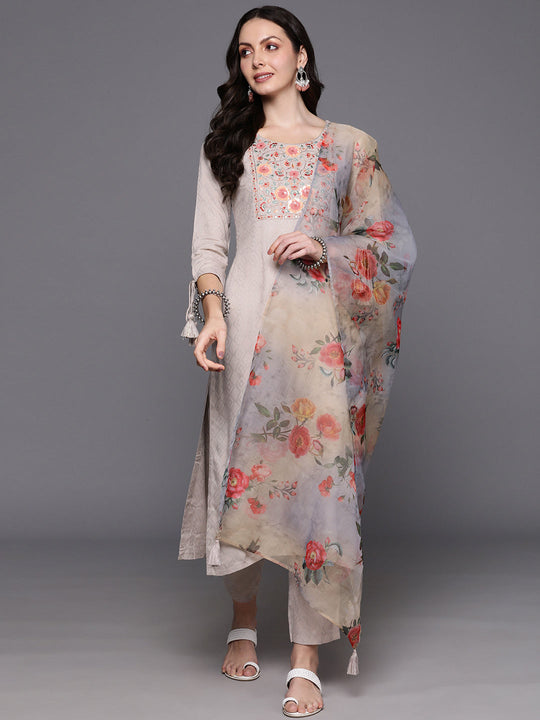 Indo Era Grey Floral Embroidered Regular Sequinned Kurta with Trousers & With Dupatta
