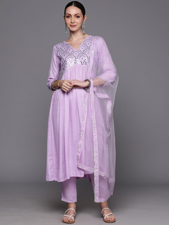Indo Era Lavender Embroidered Regular Mirror Work Kurta with Trousers & With Dupatta