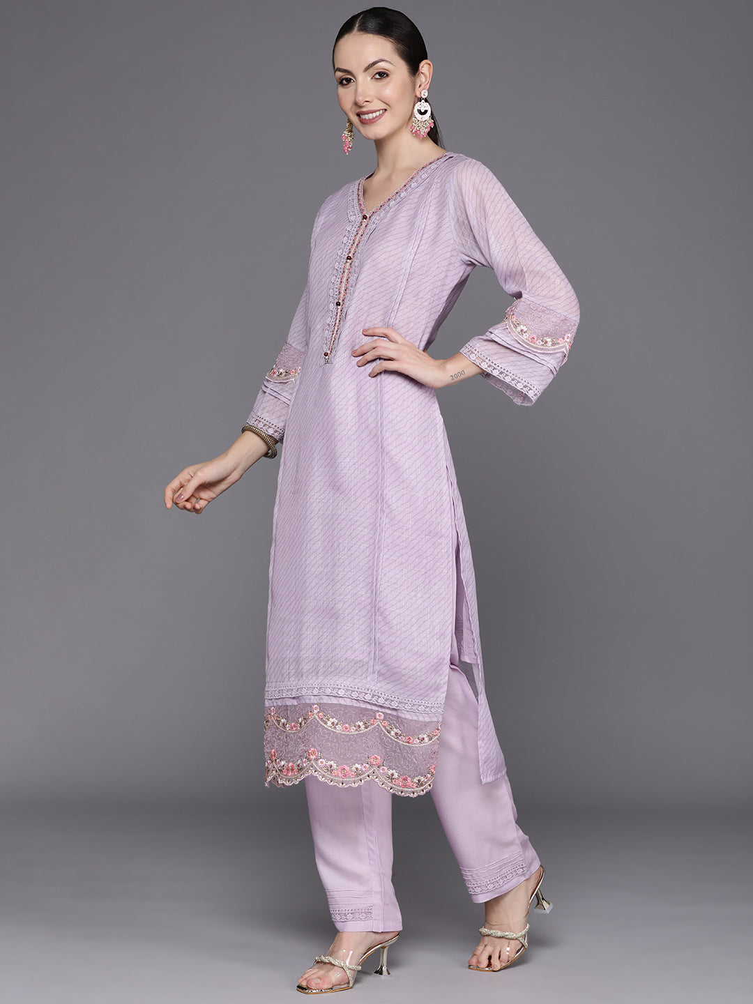 Indo Era Lavender Embroidered Straight Kurta Palazzos With Dupatta Set main image 0