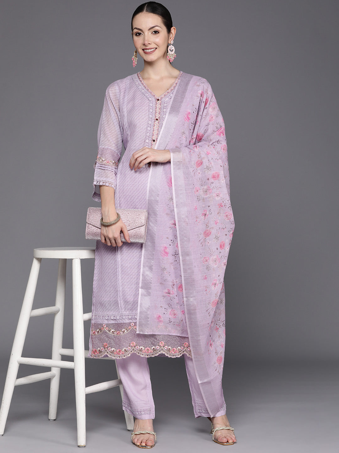 Indo Era Lavender Embroidered Straight Kurta Trousers With Dupatta Set