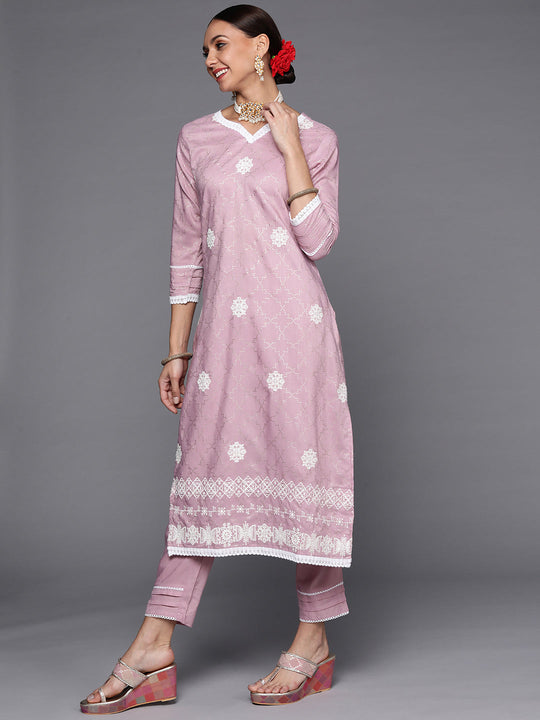 Indo Era Lavender Foil Printed Straight Kurta Trouser With Dupatta Set