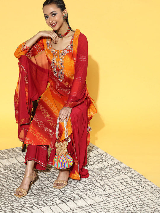 Indo Era Multi Tie & Dye Straight Kurta Palazzo With Dupatta Set