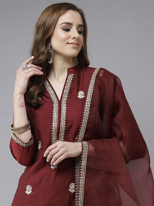 Indo Era Maroon Embroidered Straight Kurta Trouser With Dupatta Set