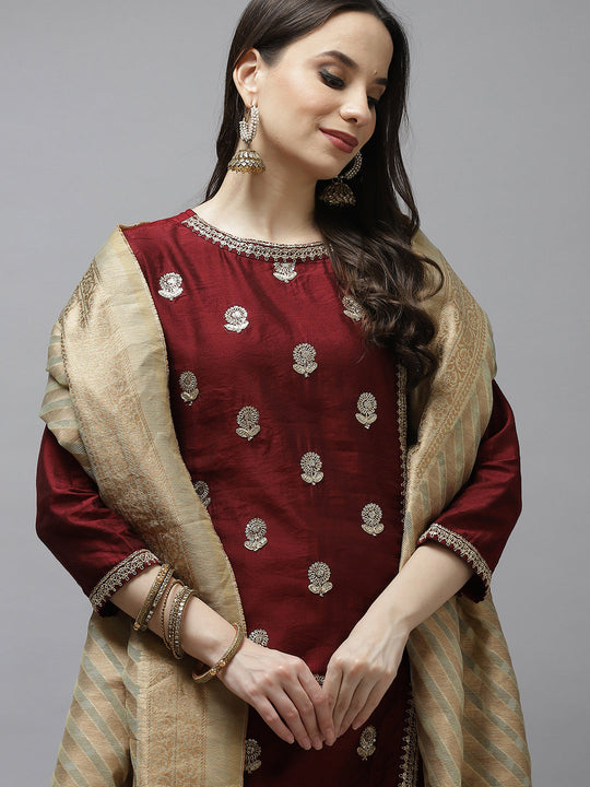 Indo Era Maroon Embroidered Straight Kurta Trouser With Dupatta Set
