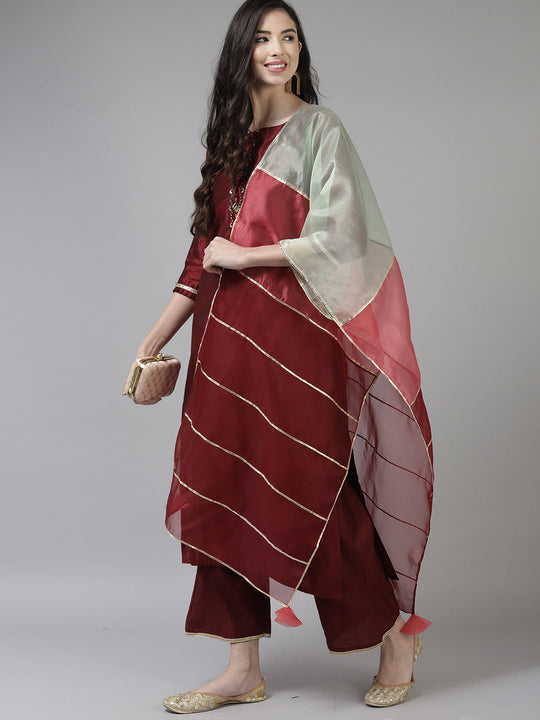 Indo Era Maroon Embroidered Straight Kurta Palazzo With Dupatta Set