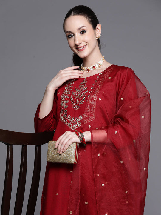 Indo Era Maroon Embroidered Ethnic Straight Kurta Trousers With Dupatta Set