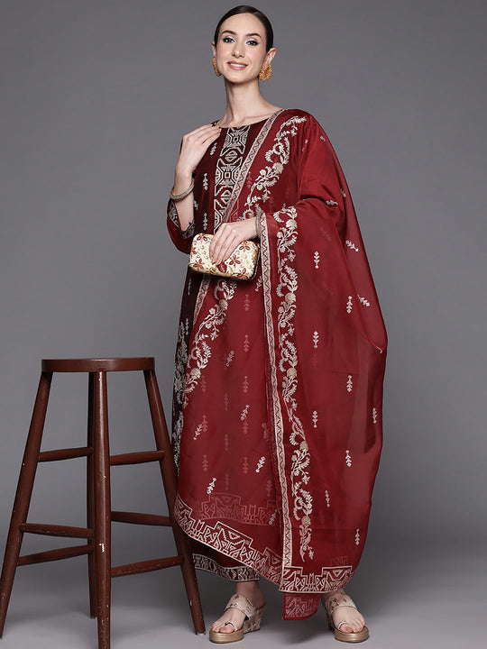 Indo Era Maroon Printed Straight Kurta Trousers With Dupatta Set