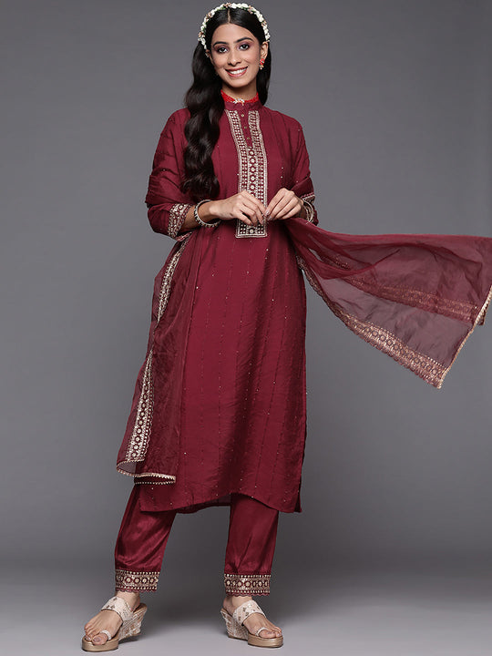 Indo Era Maroon Embroidered Straight Kurta Trousers With Dupatta Set