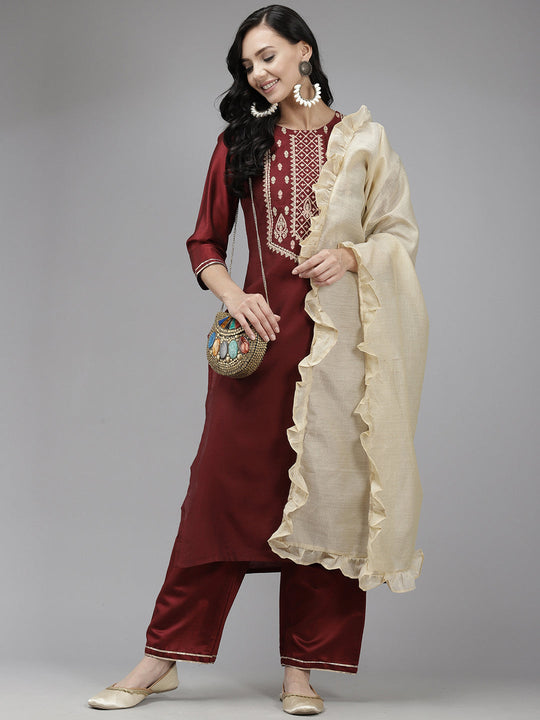 Indo Era Maroon Embroidred Straight Kurta Trouser With Dupatta Set