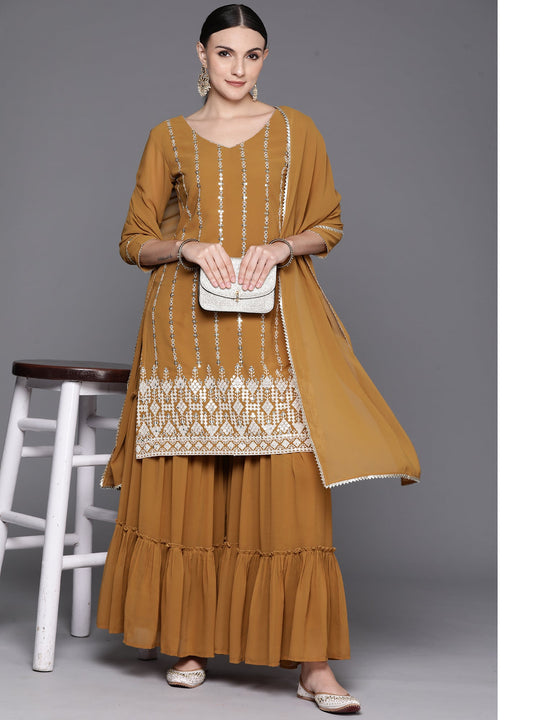 Indo Era Mustard Embroidered Straight Kurta Sharara With Dupatta Set