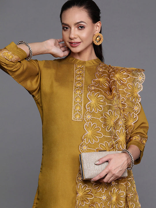 Indo Era Mustard Solid Straight Kurta Trouser With Dupatta Set