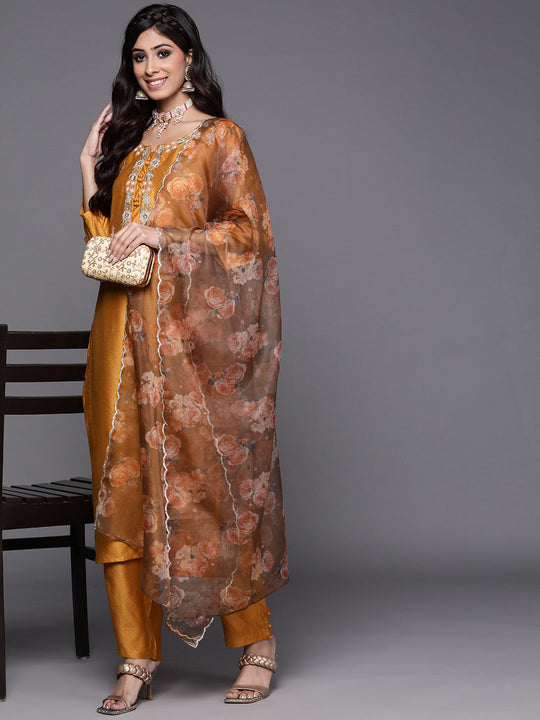 Indo Era Mustard Embroidered Straight Kurta Trousers With Dupatta Set