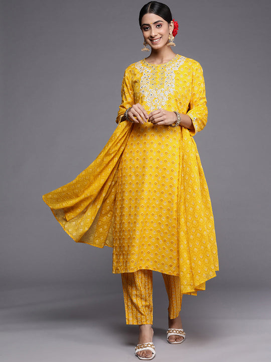 Indo Era Mustard Embroidered Straight Kurta Trousers With Dupatta Set