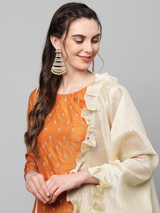 Indo Era Mustard Embroidred A - Line Kurta Trouser With Dupatta Set