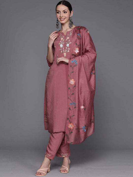 Indo Era Mauve Floral Embroidered Thread Work Kurta with Trousers & Dupatta