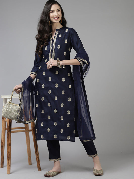 Indo Era Navy Blue Embroidered Straight Kurta Trouser With Dupatta Set