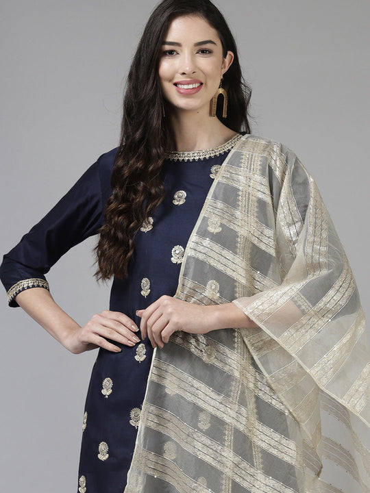 Indo Era Navy Blue Embroidered Straight Kurta Trouser With Dupatta Set