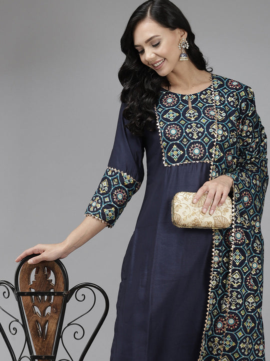 Indo Era Navy Blue Solid Straight Kurta Trouser With Dupatta Set