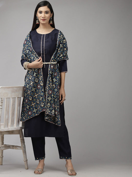 Indo Era Navy Blue Solid Straight Kurta Trouser With Dupatta Set