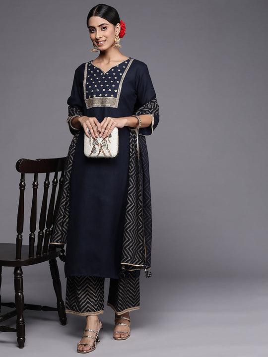 Indo Era Navy Blue Solid Straight Kurta Palazzo With Dupatta Set
