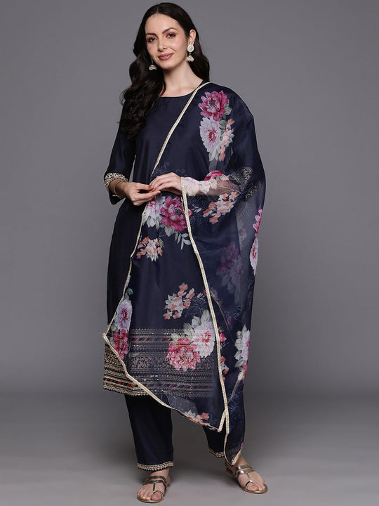 Indo Era Navy Blue Ethnic Motifs Embroidered Regular Zardozi Liva Kurta with Trousers & With Dupatta