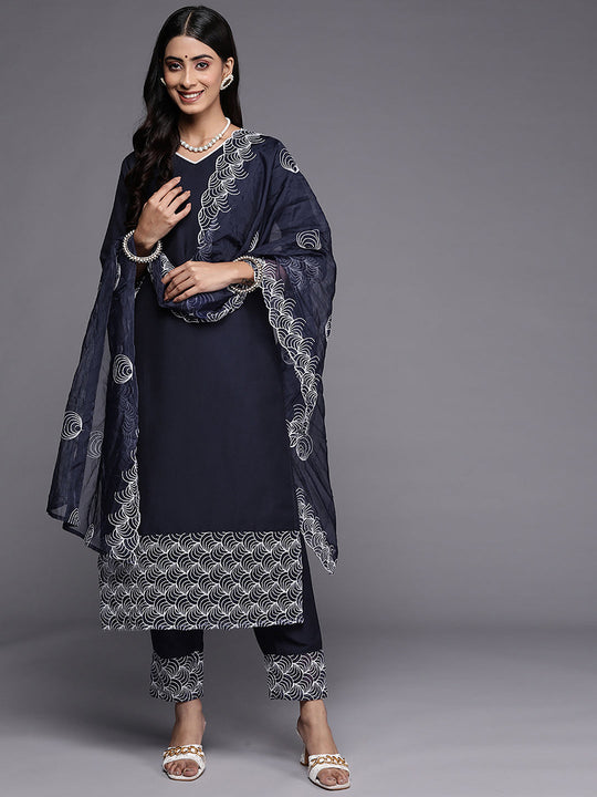 Indo Era Navy Blue Embroidered Strraight Kurta Trouser With Dupatta Set
