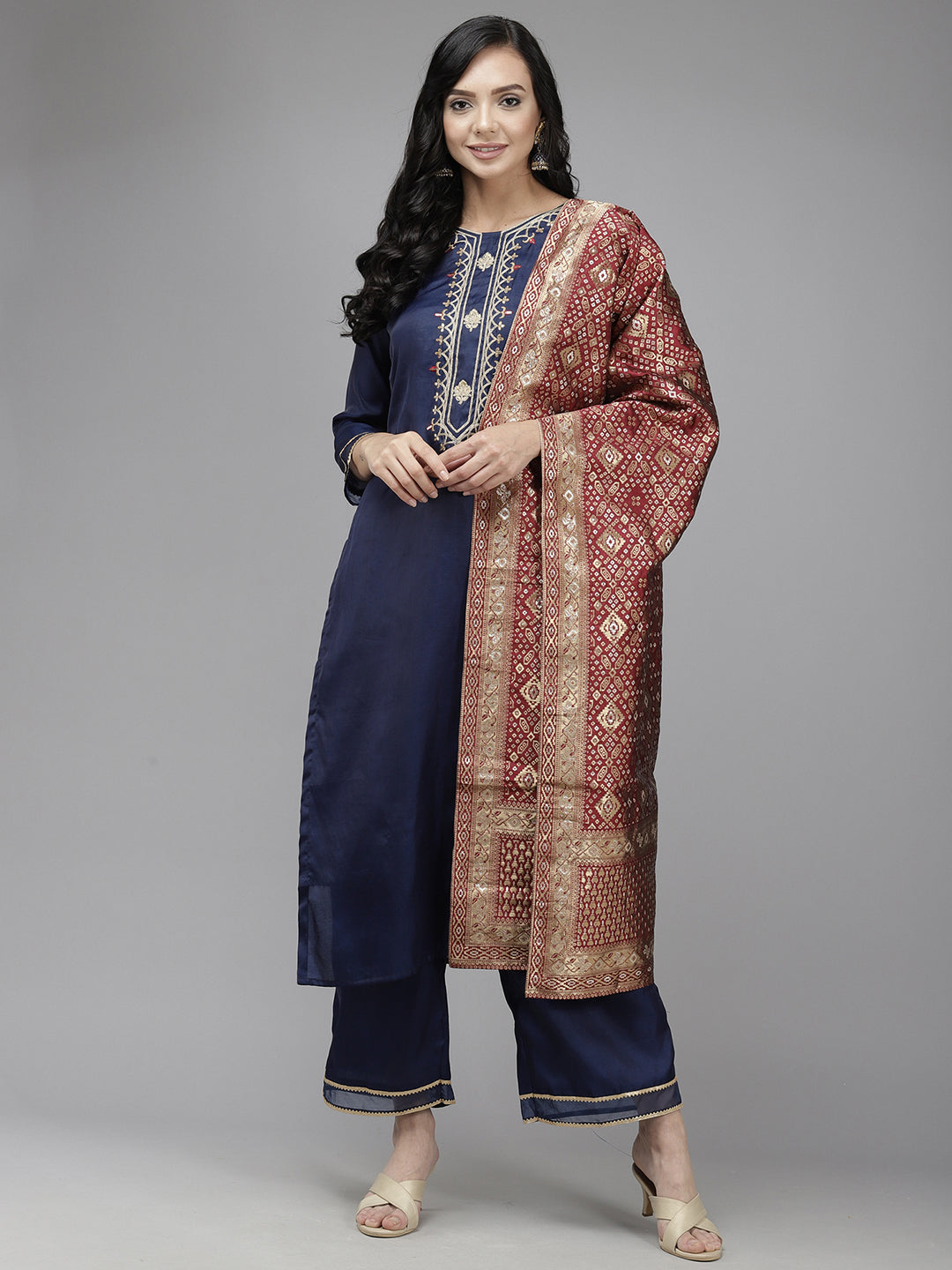 Navy Blue Kurta Sets  For women,indo era, indoera, kurta set for women, women kurta set, women suit, summer wear for women, festive suit for women, mother's day outfit, dress for mother, mother's day special, kurta set for women, kurta for women, kurta trouser and dupatta