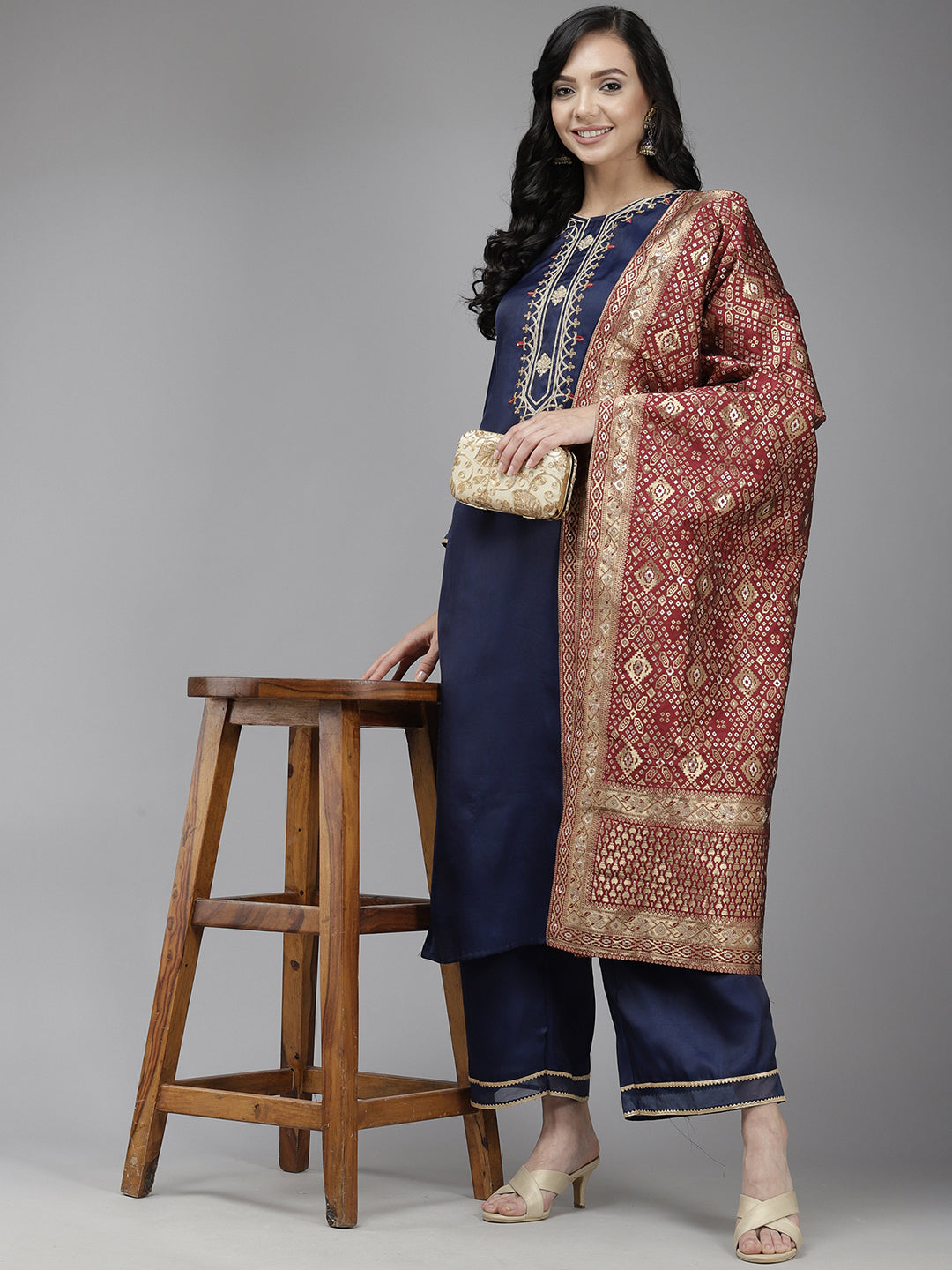 Navy Blue Kurta Sets  For women,indo era, indoera, kurta set for women, women kurta set, women suit, summer wear for women, festive suit for women, mother's day outfit, dress for mother, mother's day special, kurta set for women, kurta for women, kurta trouser and dupatta