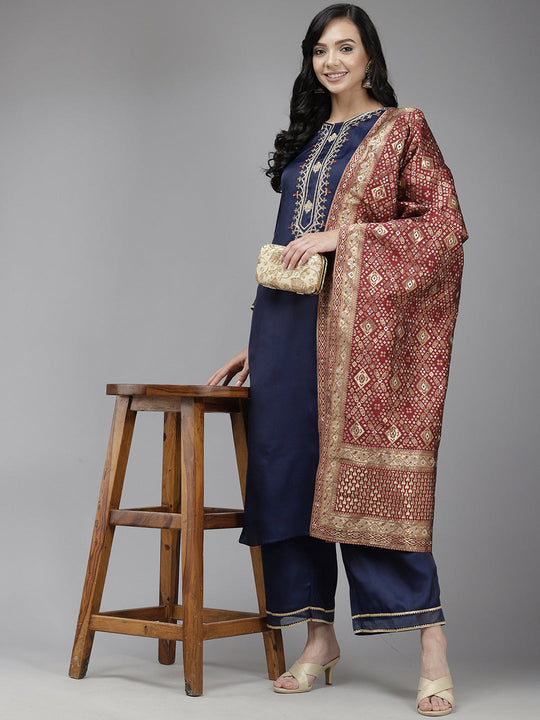 Indo Era Navy Blue Embroidered Straight Kurta Trouser With Dupatta Set