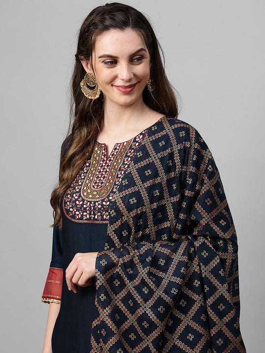 Indo Era Navy Blue Embroidered Straight Kurta Palazzo With Dupatta Set
