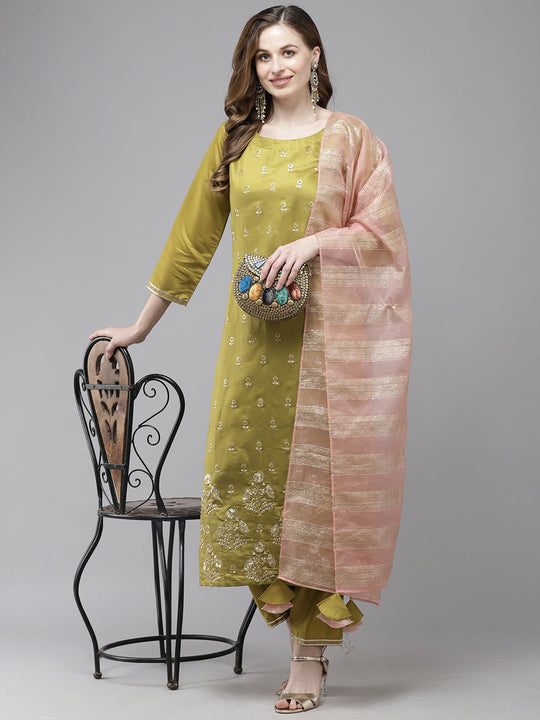 Indo Era Olive Foil Floral Printed Straight Kurta Pant with Dupatta Set