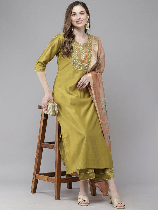 Indo Era Olive Embroidered Straight Kurta Trouser With Dupatta Set