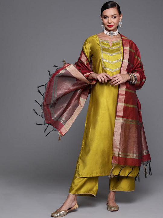 Indo Era Olive Solid Straight Kurta Trouser With Dupatta Set