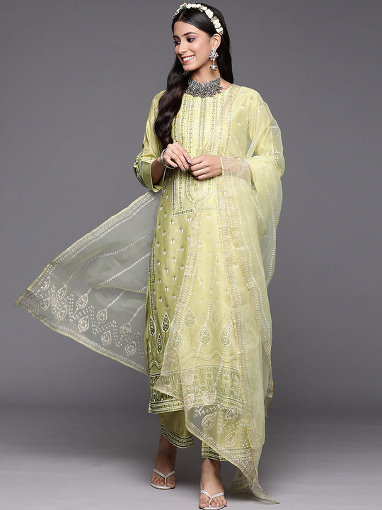 Indo Era Olive Printed Straight Kurta Palazzos With Dupatta Set