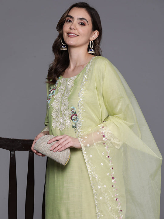 Indo Era Olive Embroidered Straight Kurta Trousers With Dupatta Set