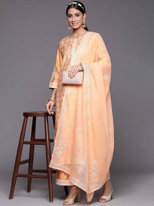 Indo Era Orange Printed Straight Kurta Palazzos With Dupatta Set
