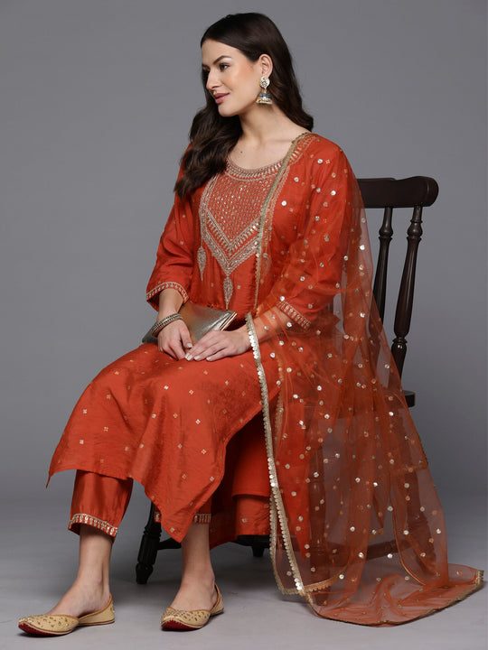Indo Era Orange Embroidered Straight Kurta Trousers With Dupatta Set