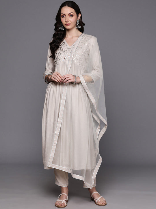 Indo Era Off White Yoke Design Empire Mirror Work Kurta with Trousers & With Dupatta