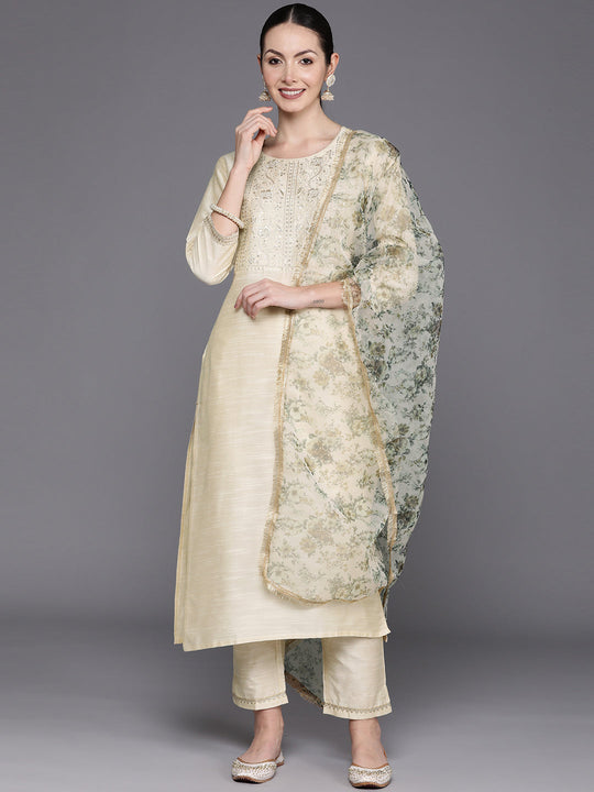 Indo Era Off White Floral Embroidered Regular Chanderi Silk Kurta with Trousers & Dupatta