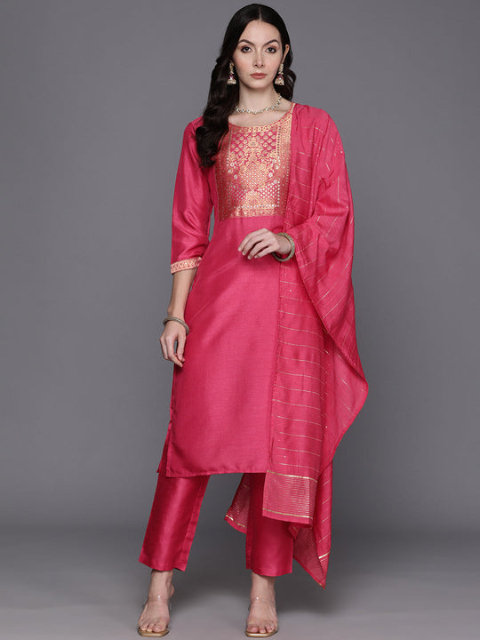 Indo Era Pink Yoke Design Regular Kurta with Trousers & Dupatta