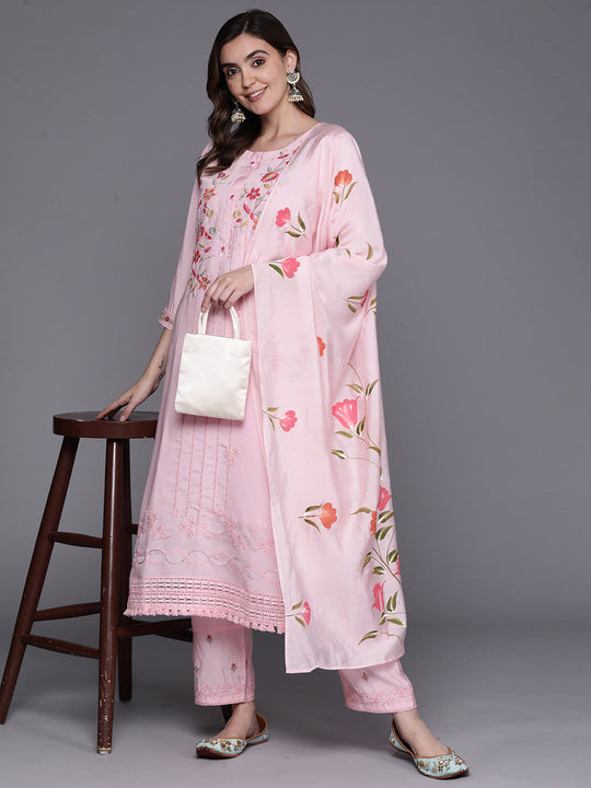 Indo Era Pink Embroidered Straight Kurta Trousers With Dupatta Set