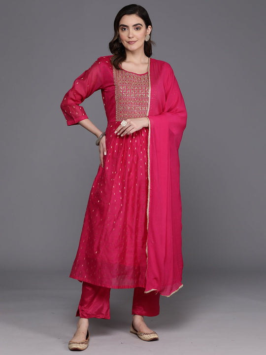 Indo Era Pink Embroidered A-Line Kurta Trousers With Dupatta Set