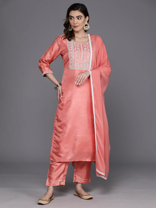 Indo Era Pink Embroidered Straight Kurta Trousers With Dupatta Set