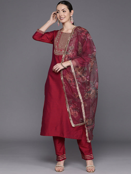 Indo Era Maroon Floral Yoke Design Sequinned Chanderi Silk Kurta with Trousers & Dupatta