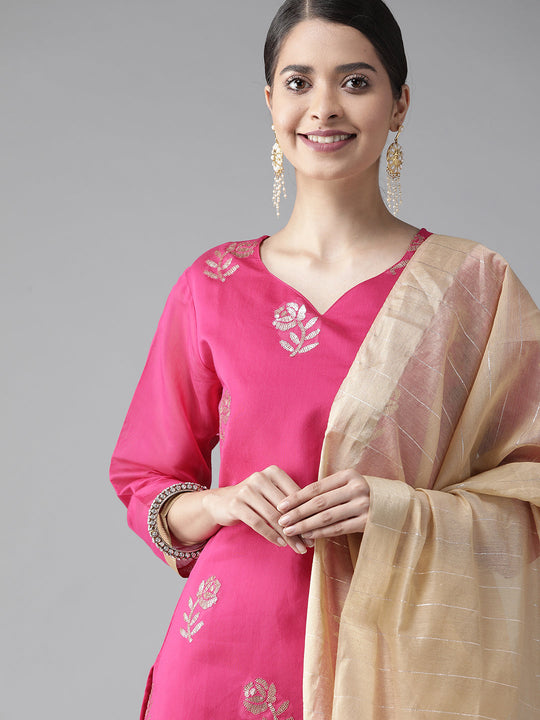 Indo Era Pink Embroidered Straight Kurta Trouser With Dupatta Set