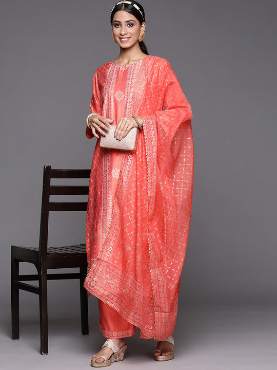 Indo Era Pink Printed Straight Kurta Trousers With Dupatta Set